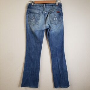 Vintage 7 For All Mankind Size 29 Bootcut Jeans Blue Made In USA Distress Womens